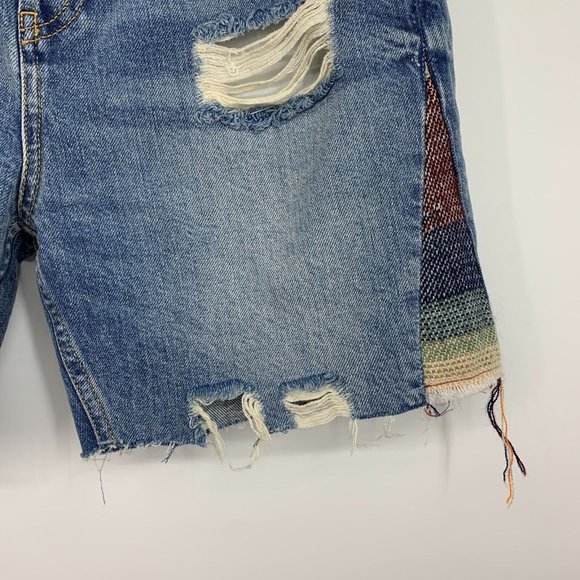 Free People Denim Shorts High Rise Blue Bermuda Distressed Tribal - Picture 4 of 12